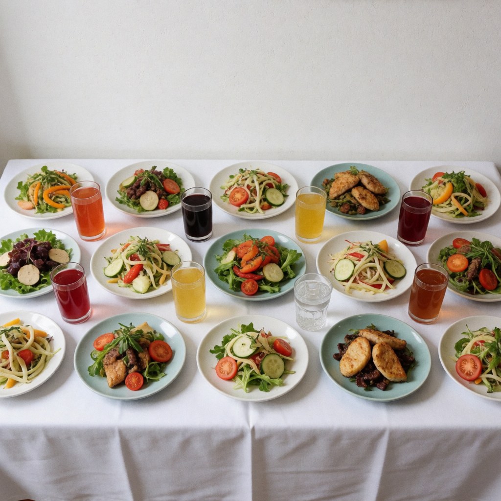 White table displaying various fresh salads, colorful fruits, vegetables, and beverages, ideal for a healthy food truck or restaurant.