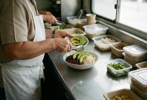 Chef adding avocado slices to rice and beans in a food truck, showcasing clean professional kitchen service in action.