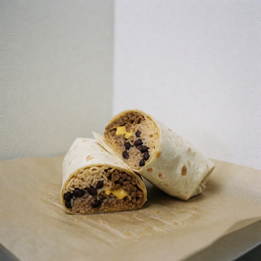 A burrito cut in half on parchment paper, revealing rice, black beans, melted cheese, and meat against a white background.
