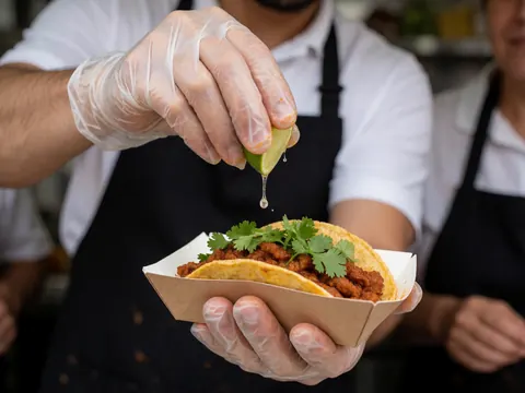 Close-up view of fresh lime wedges placed on tacos inside a food truck, highlighting the preparation of Mexican street food with cilantro and salsa.