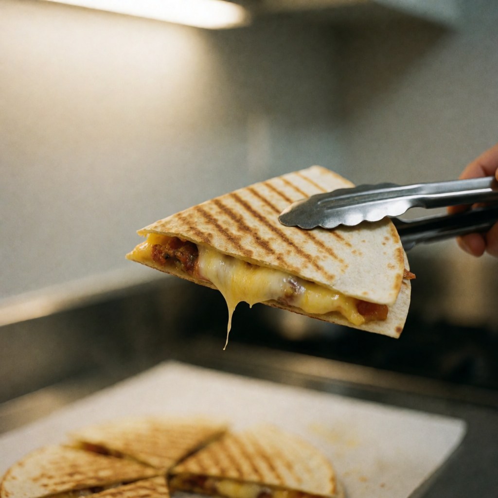 Triangular quesadilla with melted cheese being lifted by tongs, showing grill marks on the tortilla against a blurred kitchen background with warm lighting.