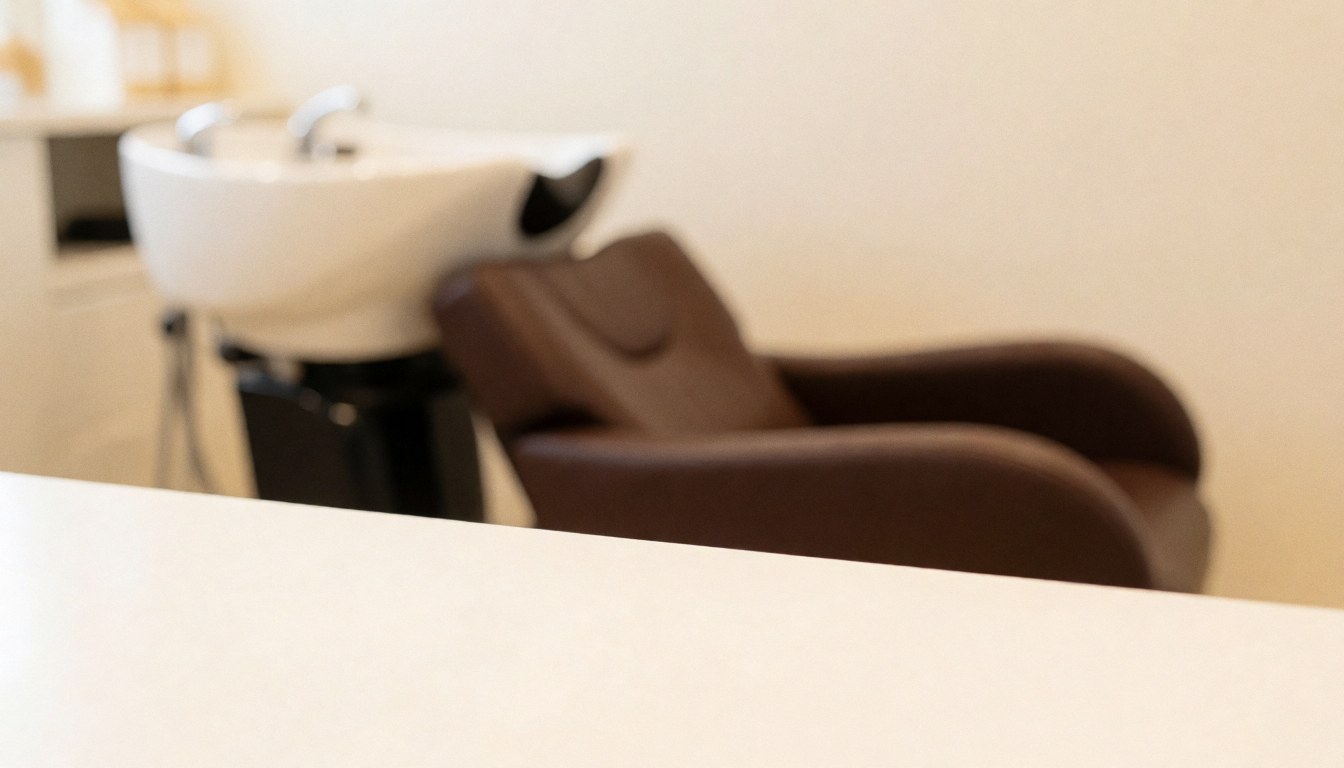 Clean hair salon background featuring a professional washing chair and sink, ideal for beauty service text overlays
