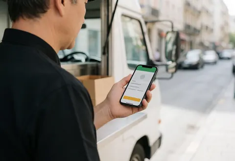 Food truck worker in an urban setting uses a smartphone to confirm a customer order, illustrating real-time mobile service operations.