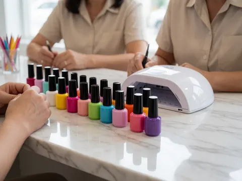 Vibrant gel nail polish bottles on a white marble surface next to a white UV light with hands working in the background