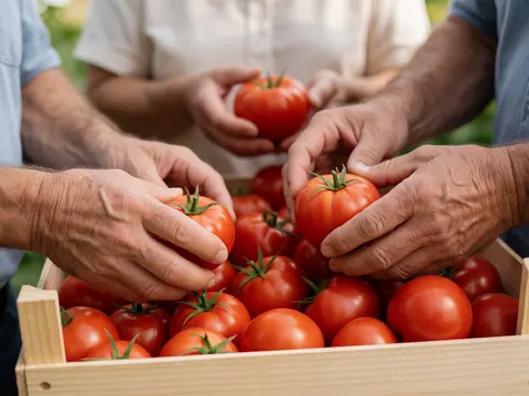 Adult hands carefully picking fresh red tomatoes from a wooden crate under natural light, highlighting organic agriculture and manual harvest details.