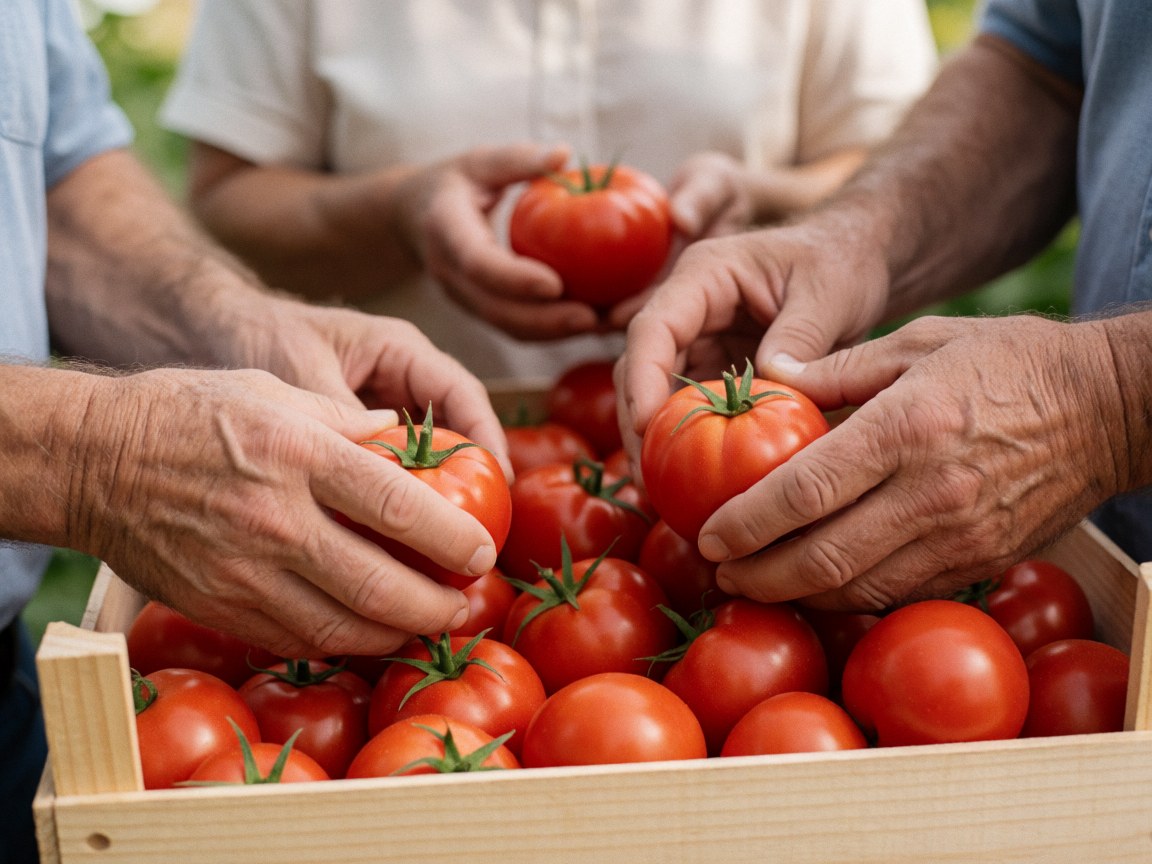 Adult hands carefully picking fresh red tomatoes from a wooden crate under natural light, highlighting organic agriculture and manual harvest details.