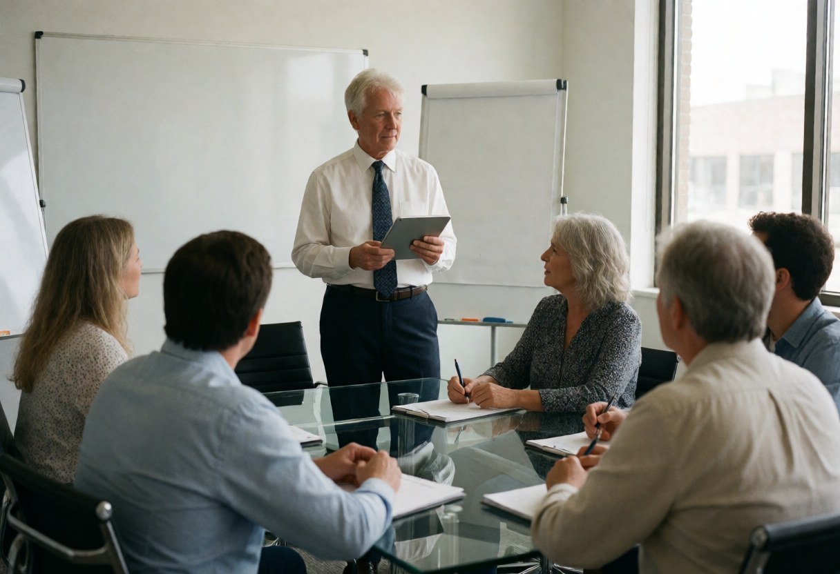 A senior consultant presents using a tablet to a work team in a modern office with whiteboards and glass tables while everyone takes notes.