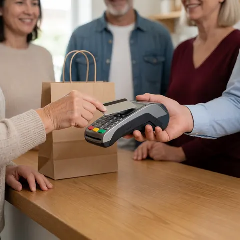 Close-up of a customer's hand using a credit card on a payment terminal, with a cashier smiling in the background and a paper bag on a wooden surface.