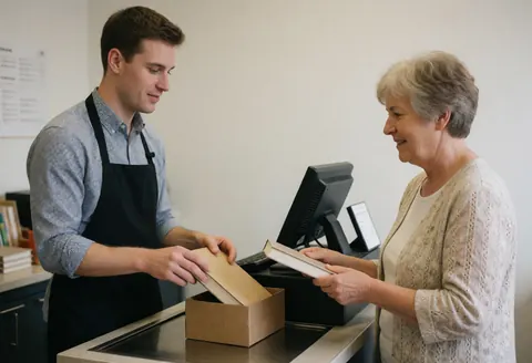A bookstore employee wraps a book at the counter while smiling at an older customer.