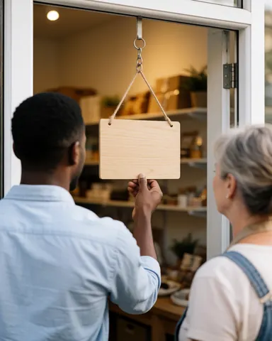 A person opens the wooden door of a small business in the morning, revealing the interior with natural light and a changing sign.