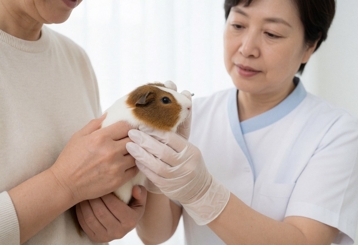 A veterinarian wearing gloves administers a vaccine to a guinea pig held by its owner in a well-lit veterinary clinic.