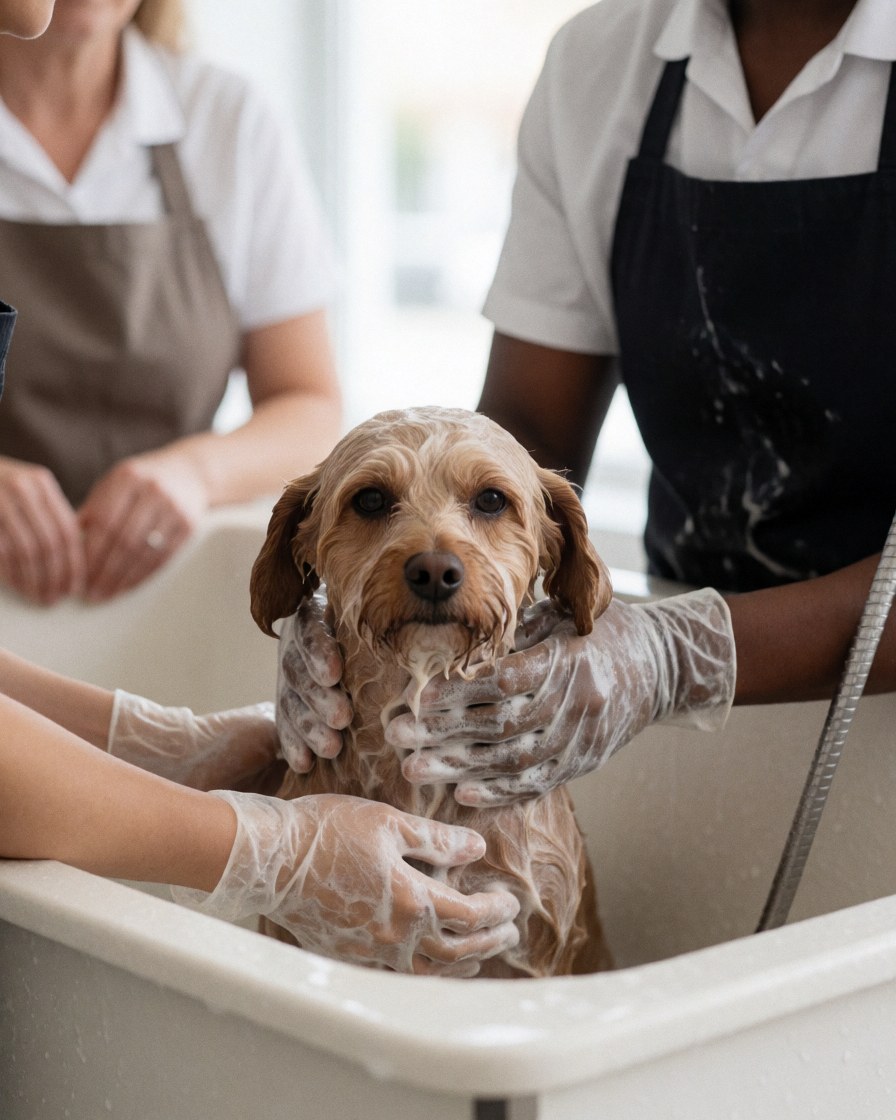Hands wearing transparent gloves washing a small dog with soap and water in a white tub during a professional grooming session
