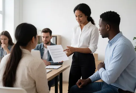 A consultant presents a document to a seated client in a modern office while other professionals work at a desk nearby.