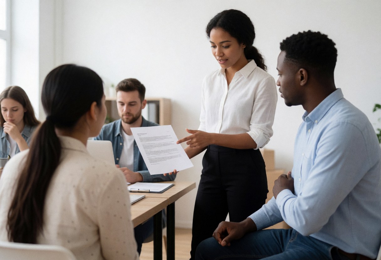 A consultant presents a document to a seated client in a modern office while other professionals work at a desk nearby.