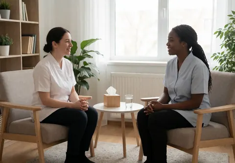 Two people sitting face to face in a therapy session with a small table holding tissues and water, surrounded by plants and natural light.