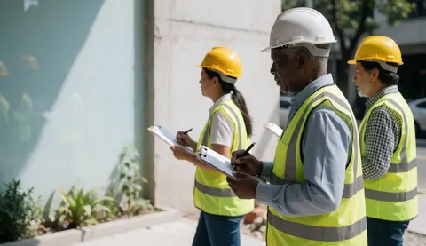 Three construction inspectors wearing hard hats and safety vests review documents outdoors on a sunny job site.