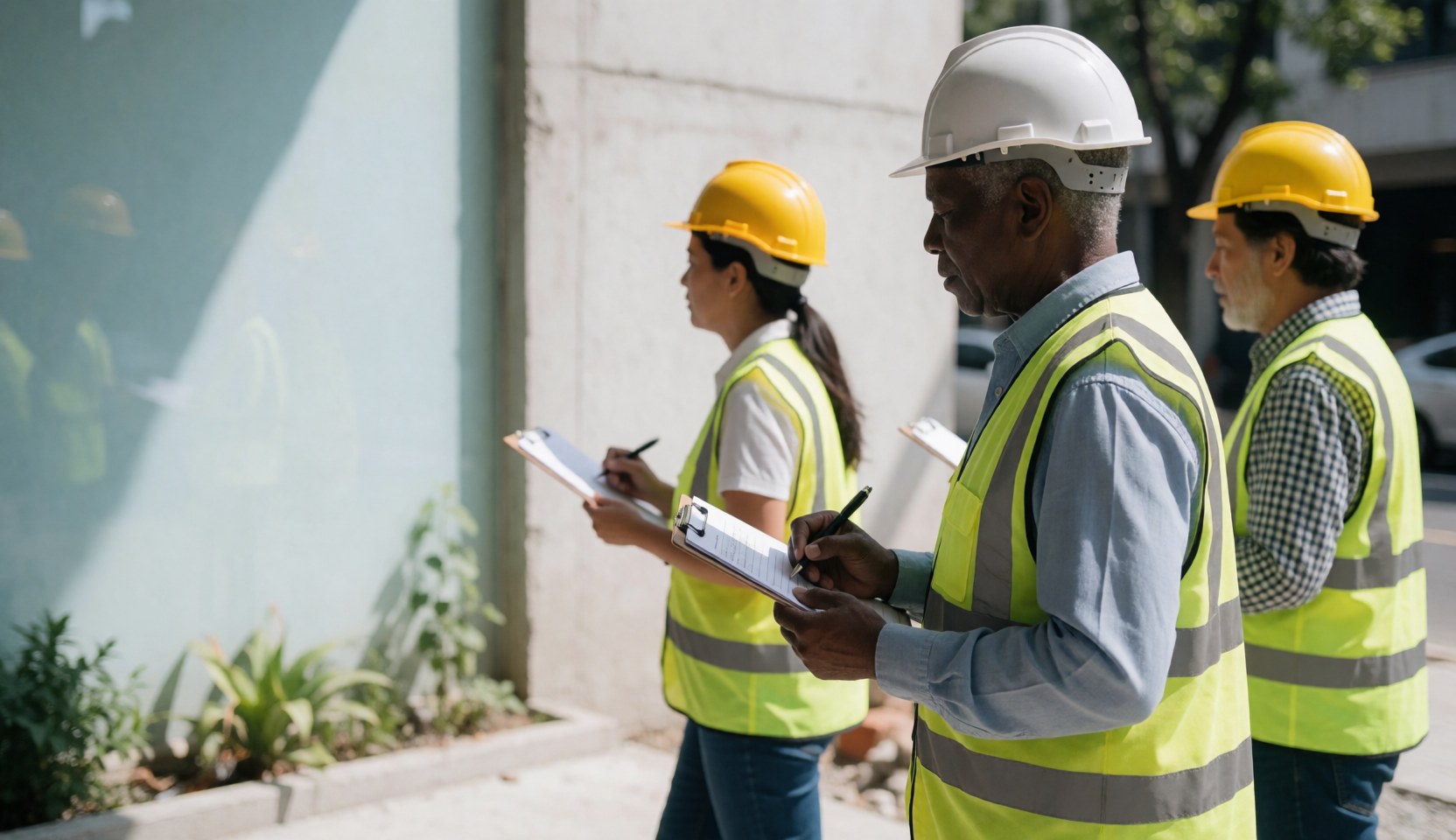 Three construction inspectors wearing hard hats and safety vests review documents outdoors on a sunny job site.