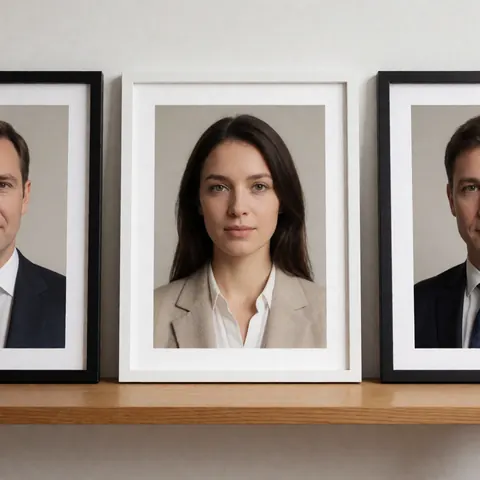 Several framed portraits displayed on a wooden shelf with soft lighting and neutral tones, suitable for professional studio product presentation.