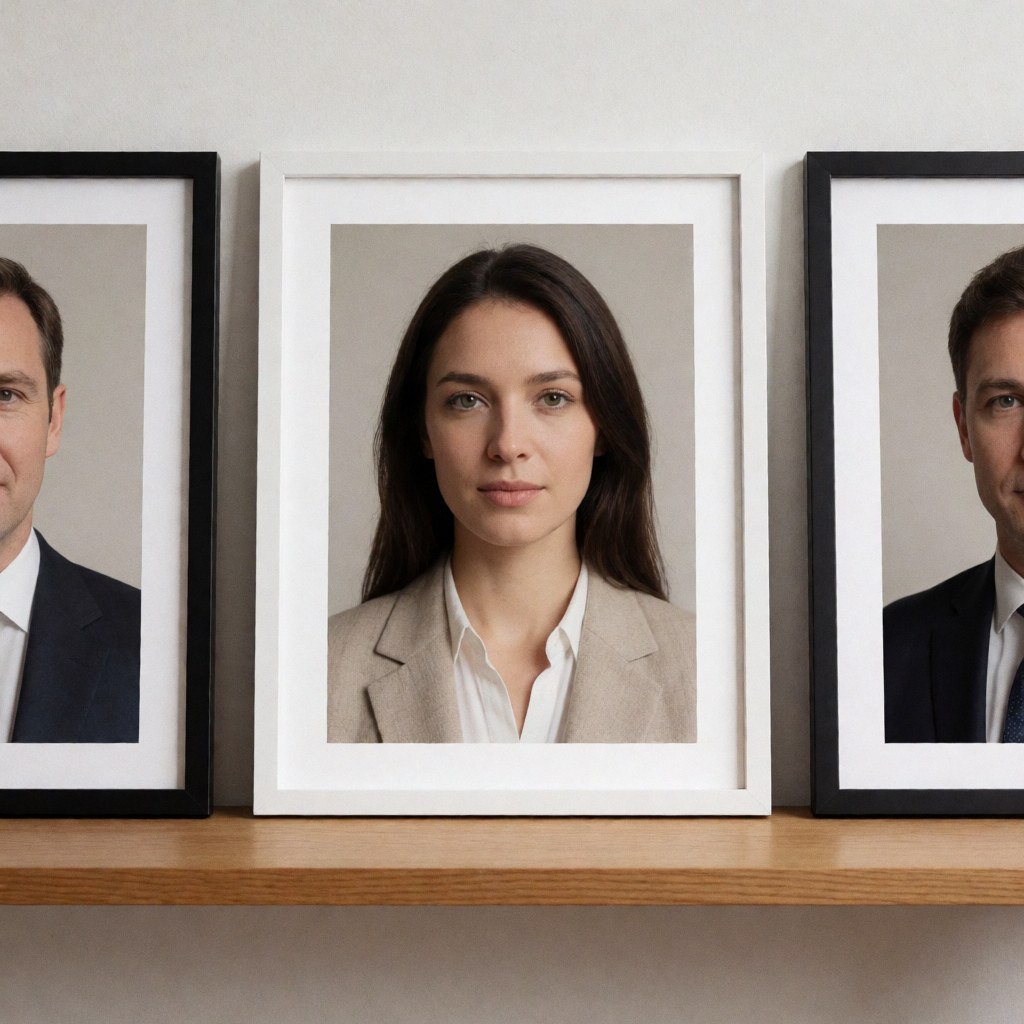 Several framed portraits displayed on a wooden shelf with soft lighting and neutral tones, suitable for professional studio product presentation.