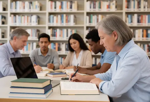 An adult student sits at a wooden table in a library, focused on studying with a laptop, notebook, and pen, surrounded by bookshelves.