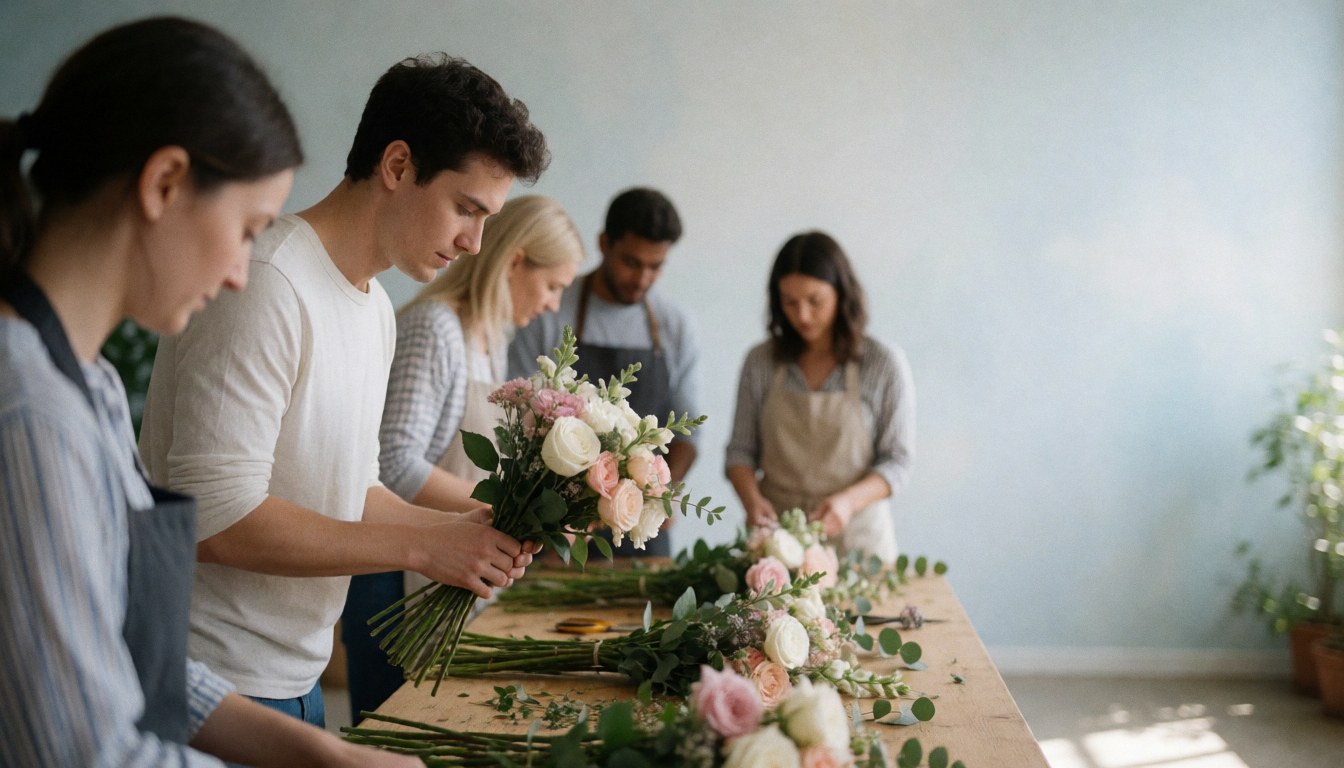 A florist team works in a natural light studio arranging flowers with tools, leaving space on the right for text