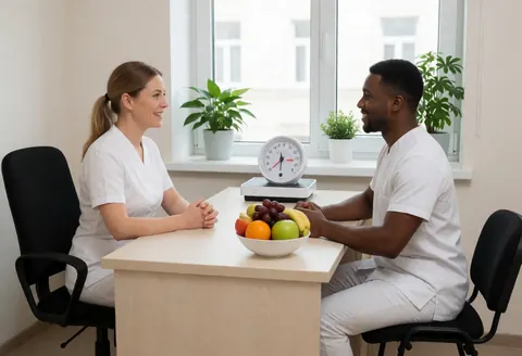 Clean and cozy nutrition office featuring a table, chairs, fresh fruits, a scale, and plants by the window.
