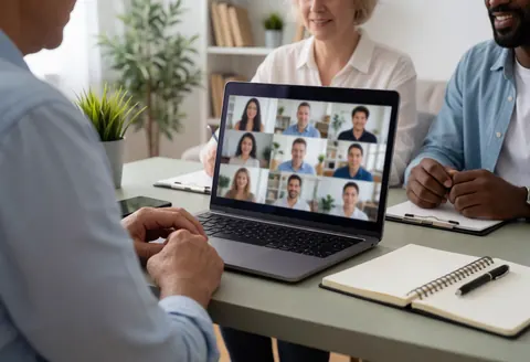 Professional person using a laptop for a video call with clients, featuring a notebook, pen, and plants on a tidy desk in a bright office setting.