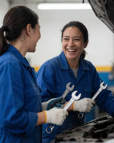 Two smiling female mechanics in blue uniforms and gloves using wrenches in a well-lit auto repair garage.