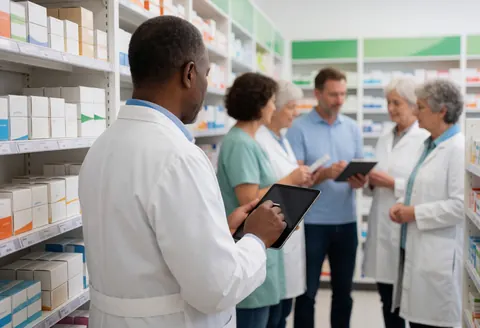A pharmacist reviews stock using a tablet in a pharmacy with shelves of medication boxes and customers in the background