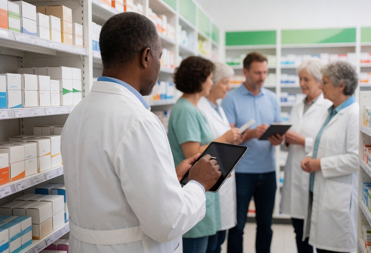 A pharmacist reviews stock using a tablet in a pharmacy with shelves of medication boxes and customers in the background