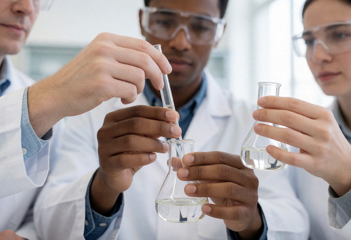 Three university students in white coats and safety goggles conduct chemistry experiments with glassware in a clean, well-lit laboratory.