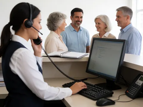 Receptionist using headset and computer to assist a client in a bright, professional office with natural light.