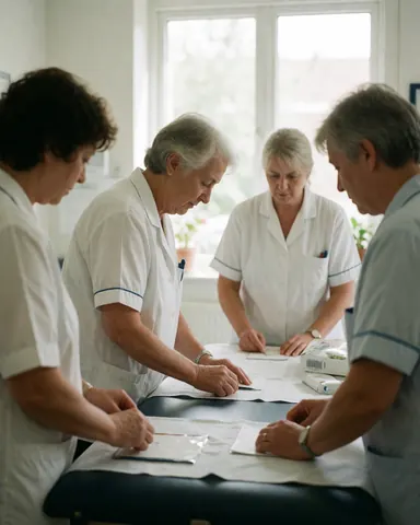 Four senior physical therapists review paperwork on a treatment table in a bright clinic with natural light, wearing white uniforms for a professional look