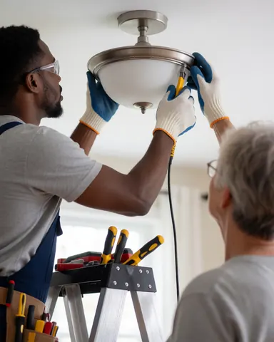 Professional electrician installing a light fixture on a ceiling using a ladder and tools while wearing safety gear