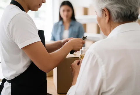 A retail employee carefully wrapping a product for shipment while assisting a customer at a checkout counter in a modern store setting