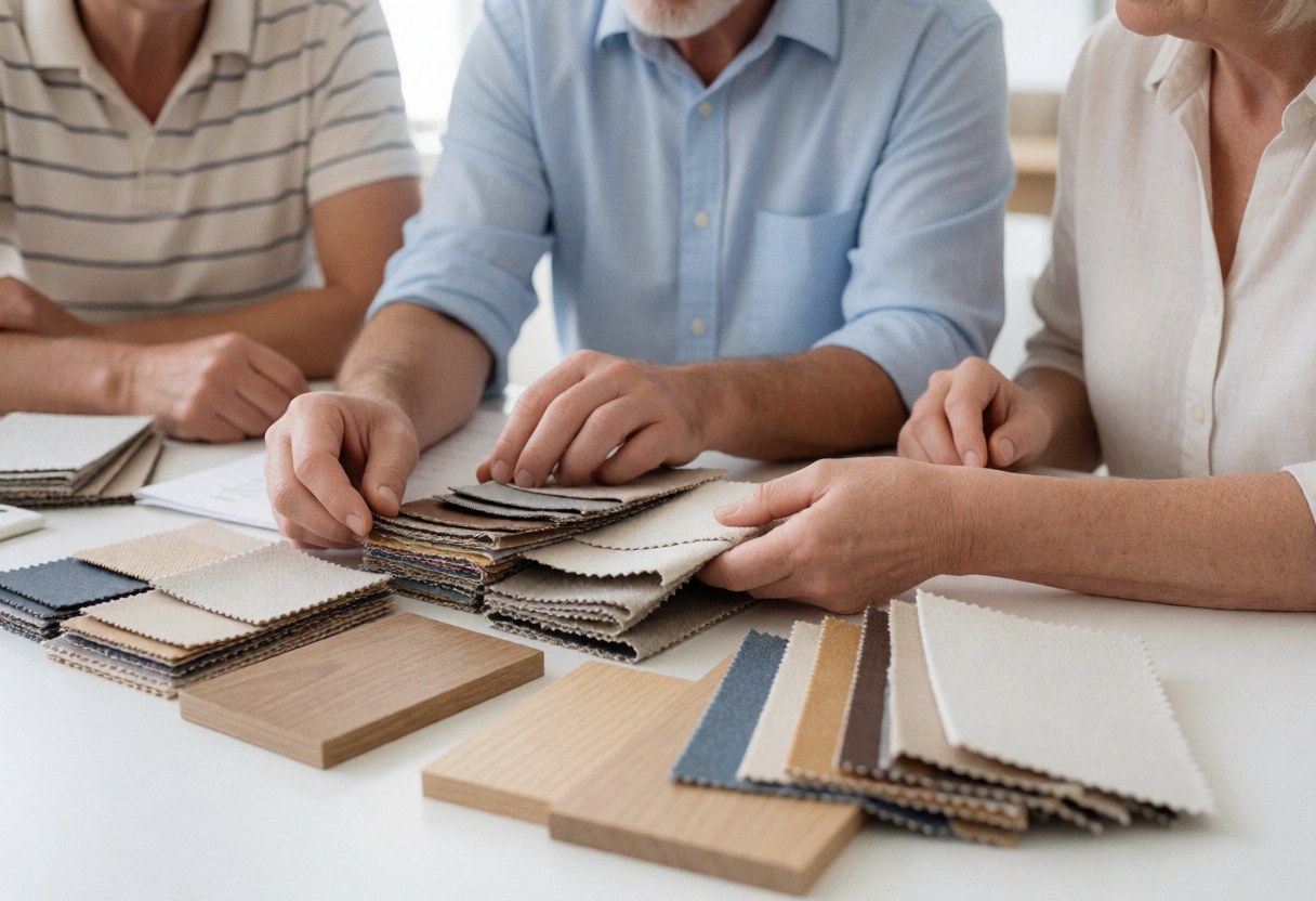 Close-up of hands comparing fabric and wood samples on a white table in a showroom with blurred faces.