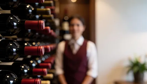 Rows of wine bottles displayed on a wooden shelf with soft ambient lighting and blurred background, suitable for restaurant text overlay