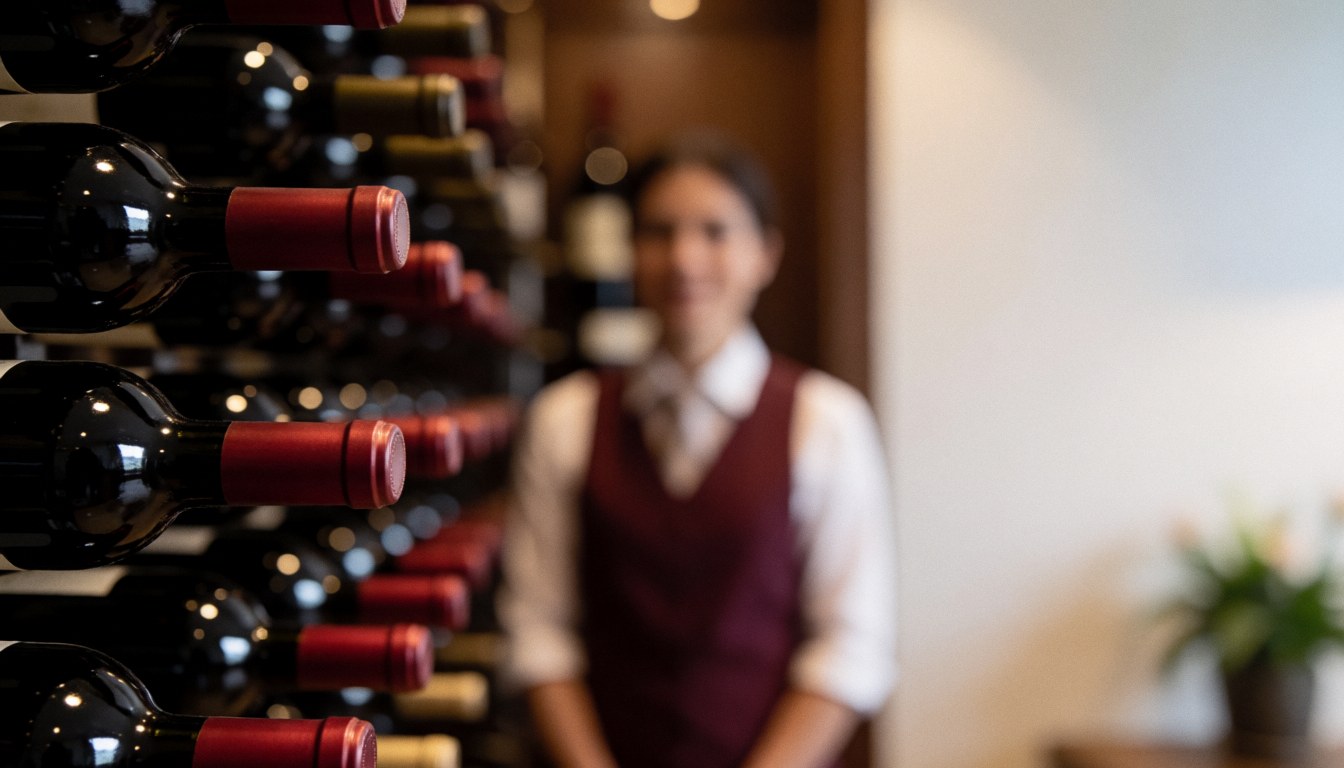 Rows of wine bottles displayed on a wooden shelf with soft ambient lighting and blurred background, suitable for restaurant text overlay