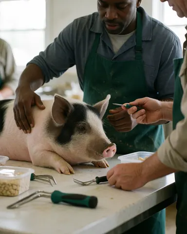A veterinarian examines a small pig on a clean table surrounded by veterinary care tools in an agricultural setting.