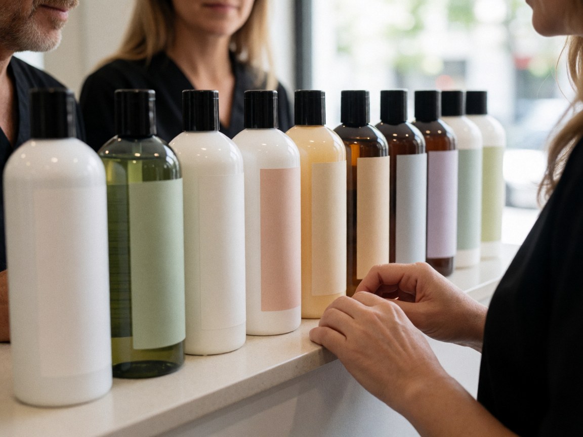 Close-up of hair care product bottles with labels on a wooden shelf in a salon, with hands working nearby.