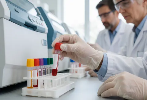 Gloved hand retrieving a blood sample tube from a rack in a clinical laboratory with analyzers and another professional working in the background