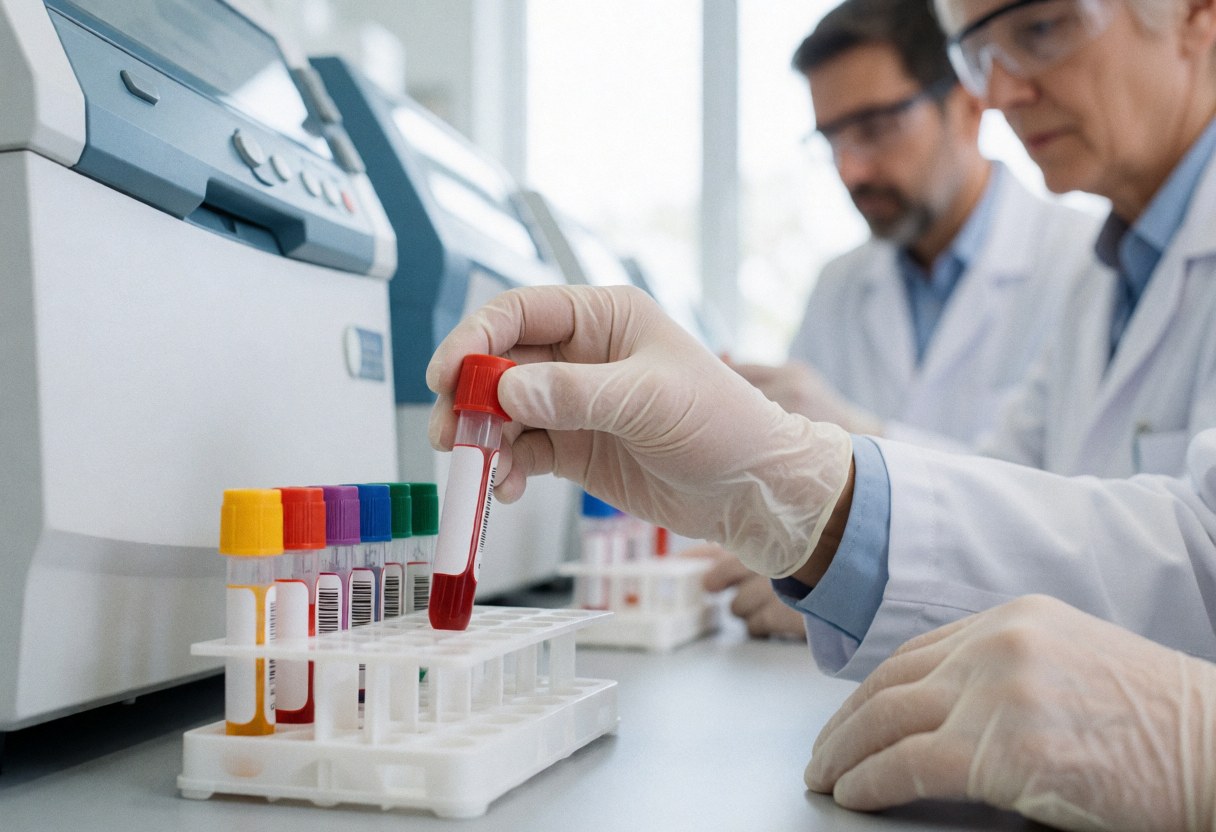 Gloved hand retrieving a blood sample tube from a rack in a clinical laboratory with analyzers and another professional working in the background