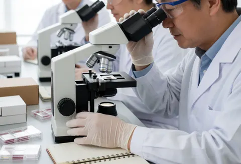 A close-up view of a microscope being used for sample analysis in a clinical laboratory environment with protective gear visible