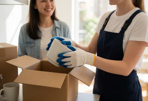 A professional mover wearing gloves and an apron places an item into a moving box while a smiling client watches in a modern kitchen with natural light.