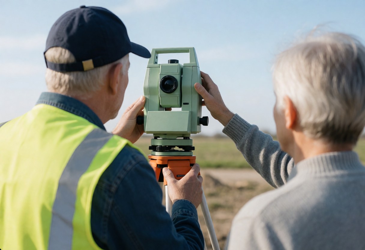 A surveyor uses a measuring instrument on a tripod while two people work together in an open field under a blue sky
