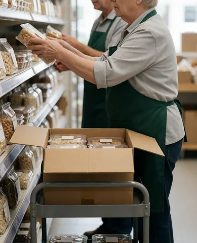 A store employee wearing an apron is restocking packaged products on shelves in a well-lit grocery store aisle.