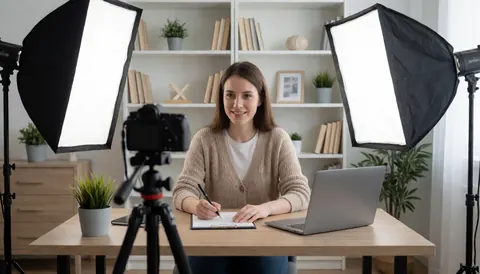 A female instructor writes in a notebook while working on her laptop in a bright studio with a bookshelf in the background.