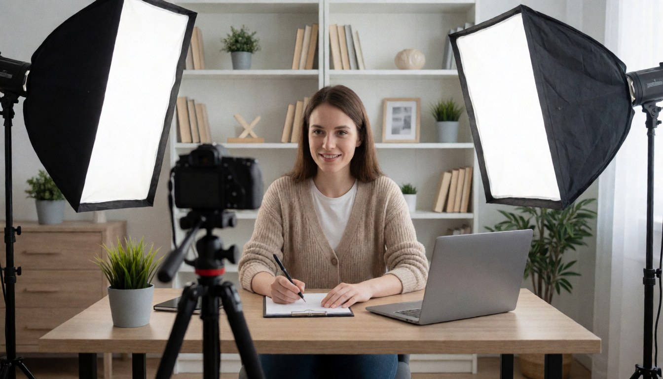 A female instructor writes in a notebook while working on her laptop in a bright studio with a bookshelf in the background.