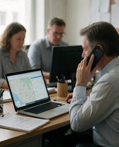 Business owner speaking on a cell phone while reviewing a map on a laptop in an office with other employees working at their desks.