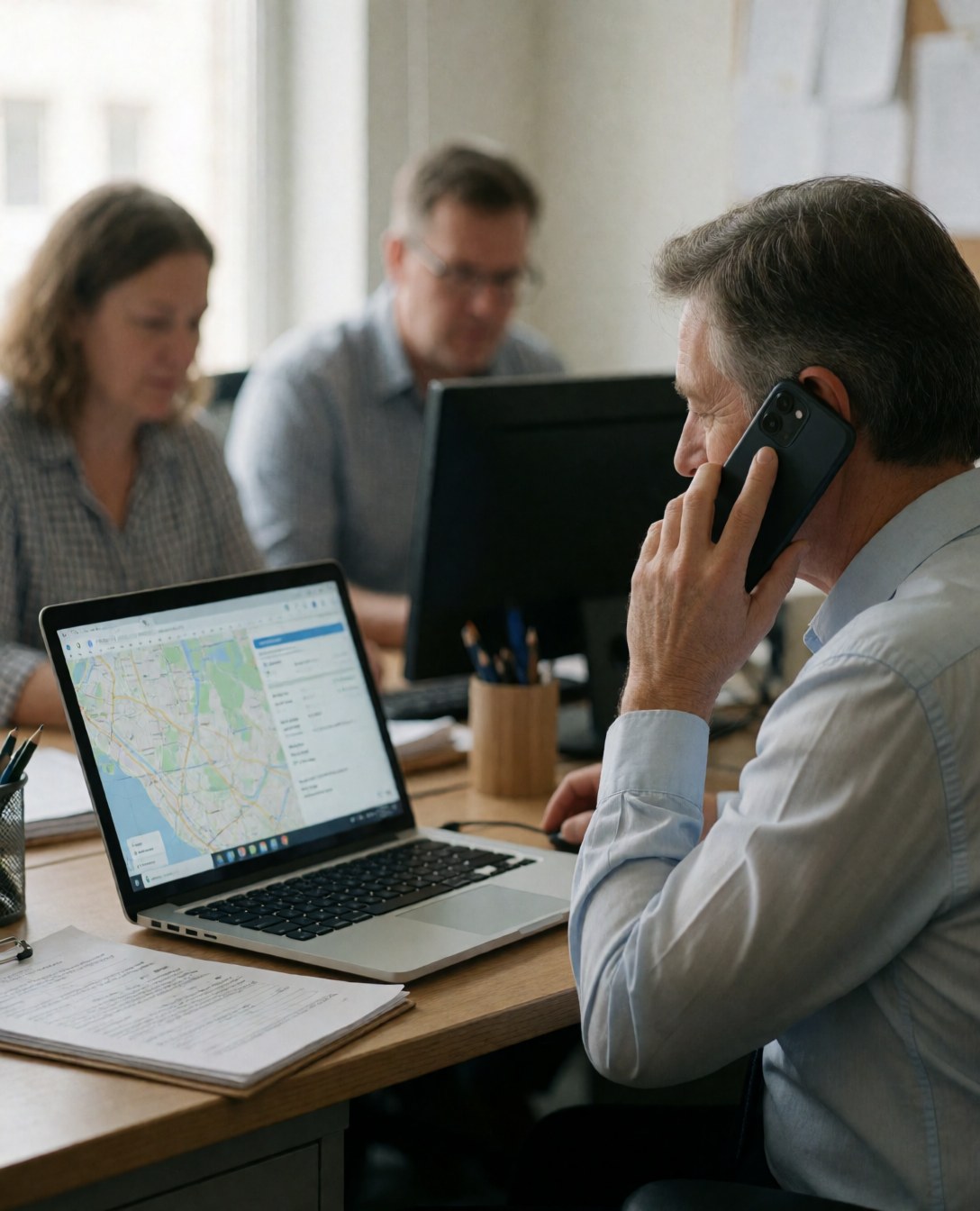 Business owner speaking on a cell phone while reviewing a map on a laptop in an office with other employees working at their desks.